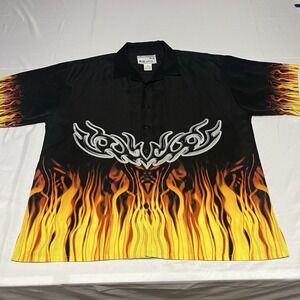 Vintage Flame Graphic Button Up Shirt Men XL Black AOP Short Sleeve Camp Y2K